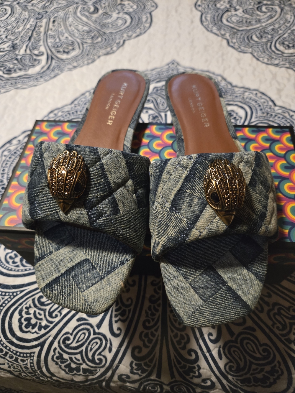 Kurt Geiger Quilted Denim Slide Mules with Gold Emblem - Picture 2 of 2